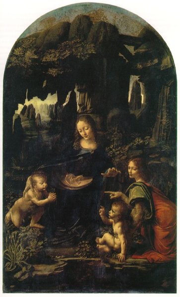 Madonna of the Rocks, Scene Mary with baby Jesus, John the Baptist as a child and an angel